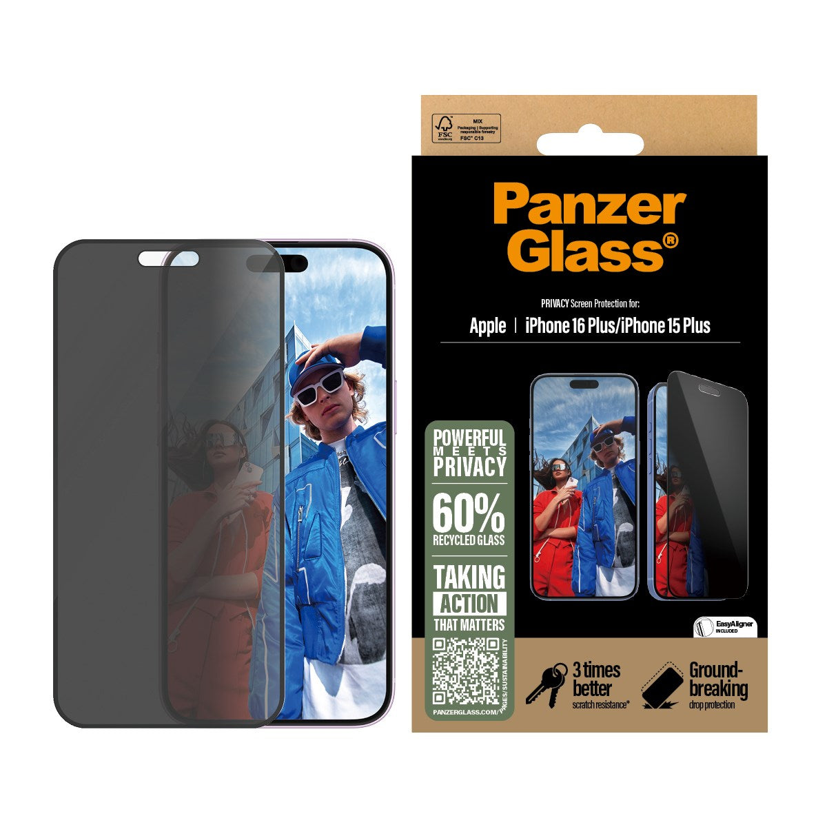 PanzerGlass® Privacy Screen Protector iPhone 16 Plus | 15 Plus | Ultra-Wide Fit w. EasyAligner
